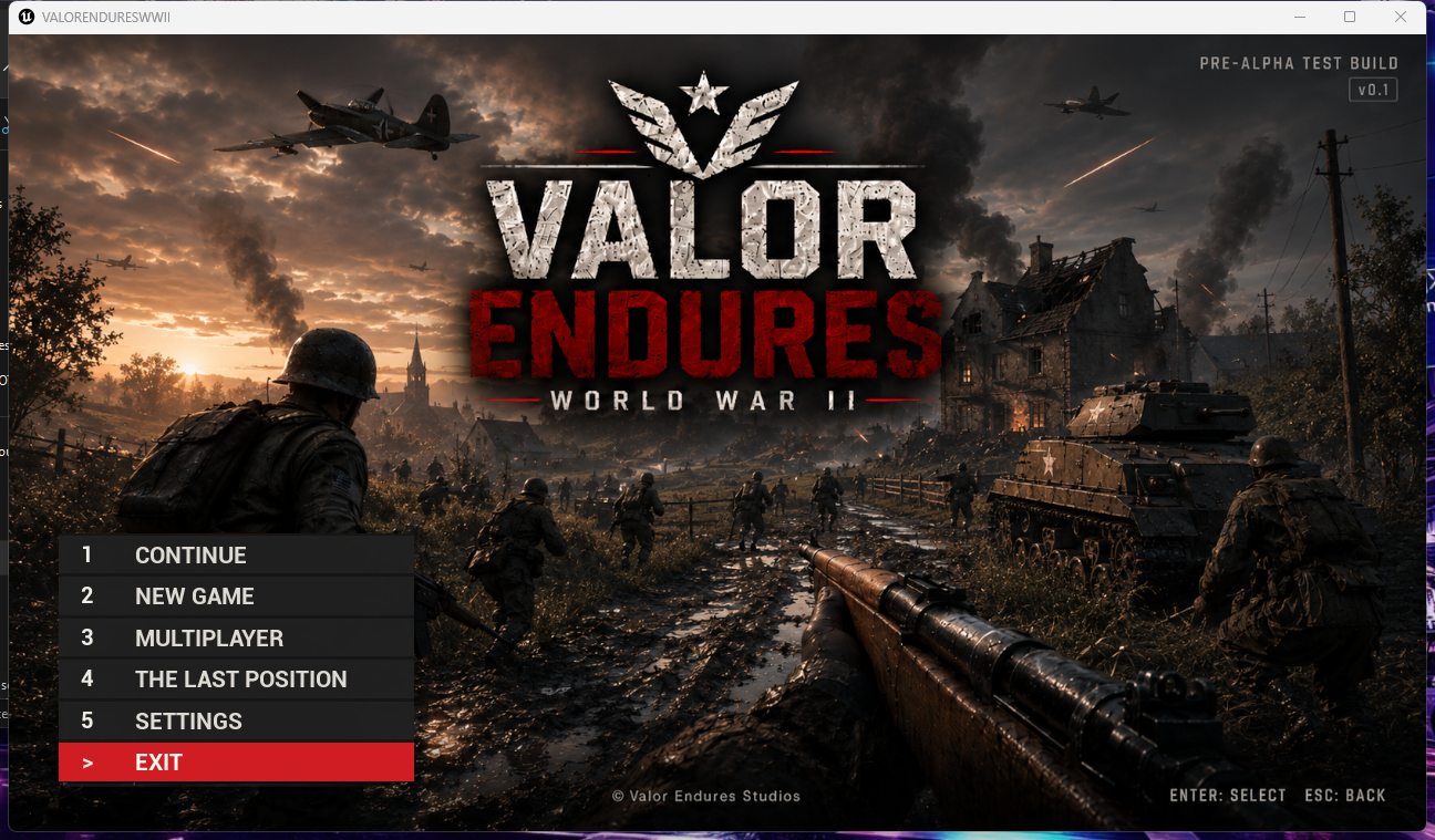 Valor Endures pre-alpha main menu displaying World War II key art