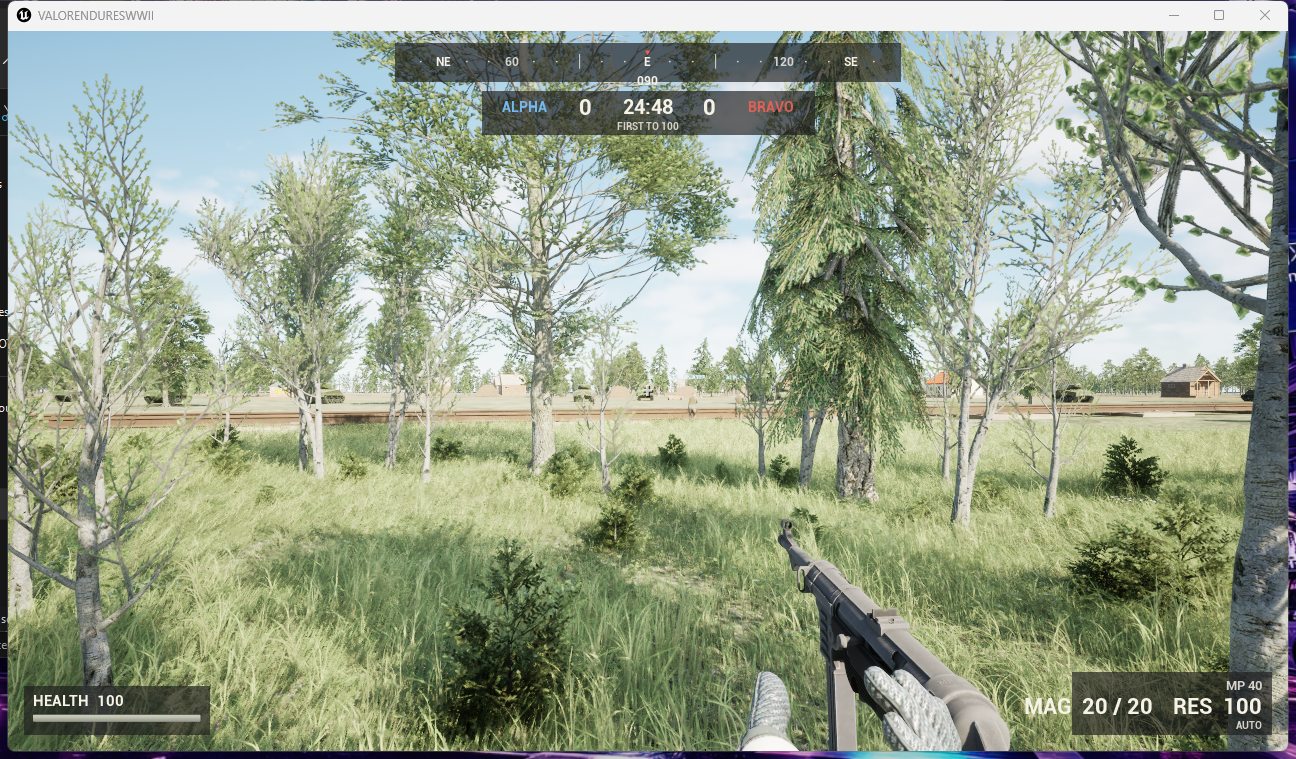 Playable pre-alpha Team Deathmatch view with MP40 and score HUD